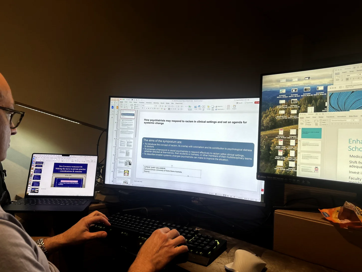 A clinician reviewing a MindSkiller® care plan on a desktop monitor.