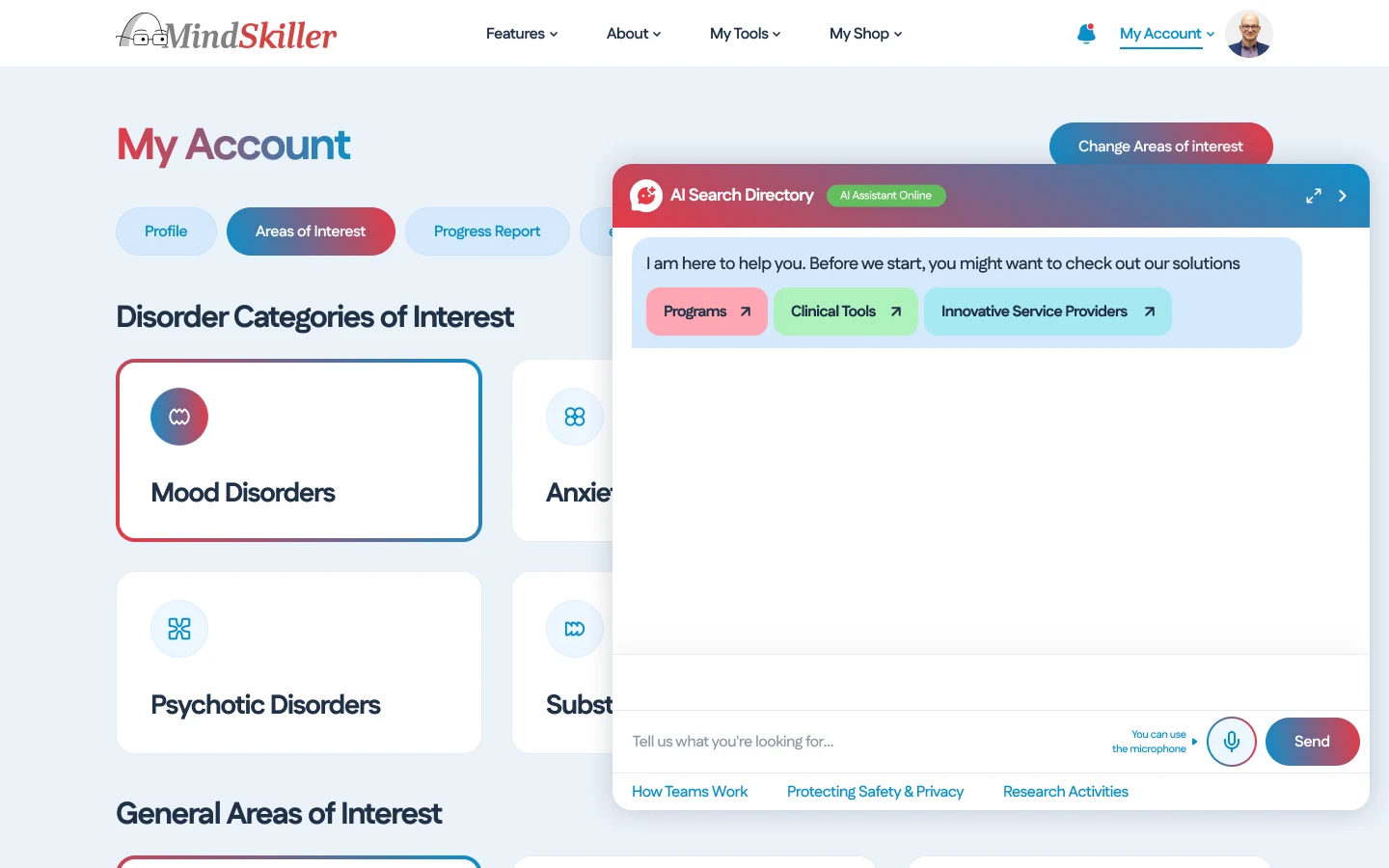 The AI Search Directory panel open over the MindSkiller My Account page