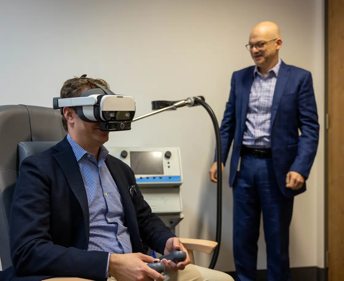 A VR headset demonstration during a clinical session