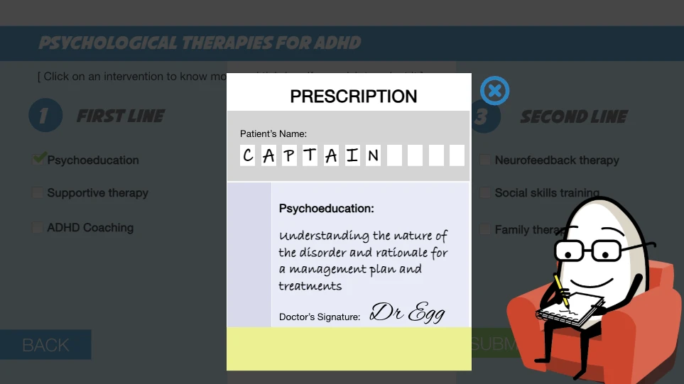 MindSkiller eLEARNING prescription card explaining psychoeducation as a psychological therapy for ADHD