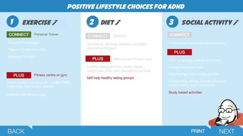 MindSkiller eLEARNING screen grouping exercise, diet and social activity as positive lifestyle choices for ADHD