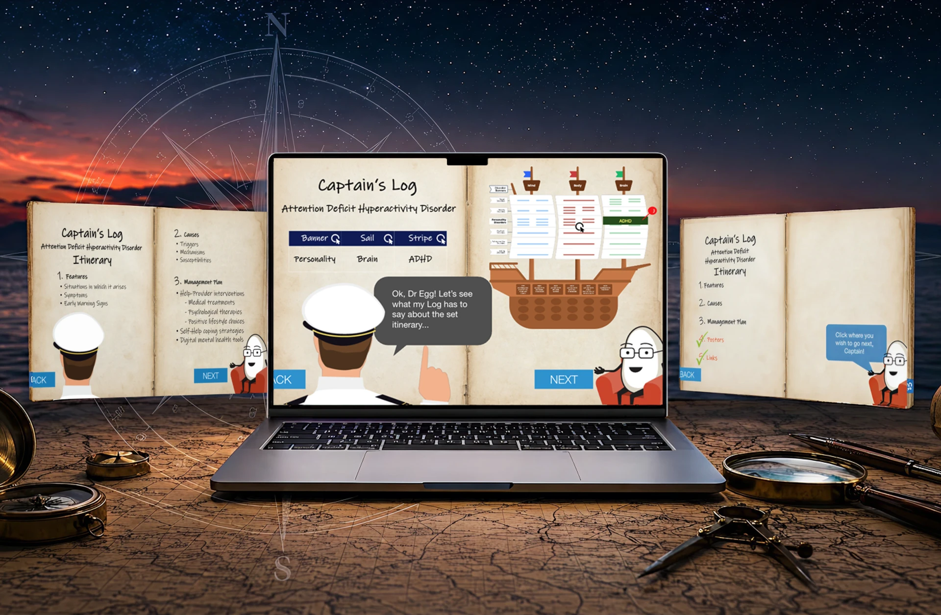 The MindSkiller Captain’s Log eLEARNING module shown across a laptop and two open logbooks