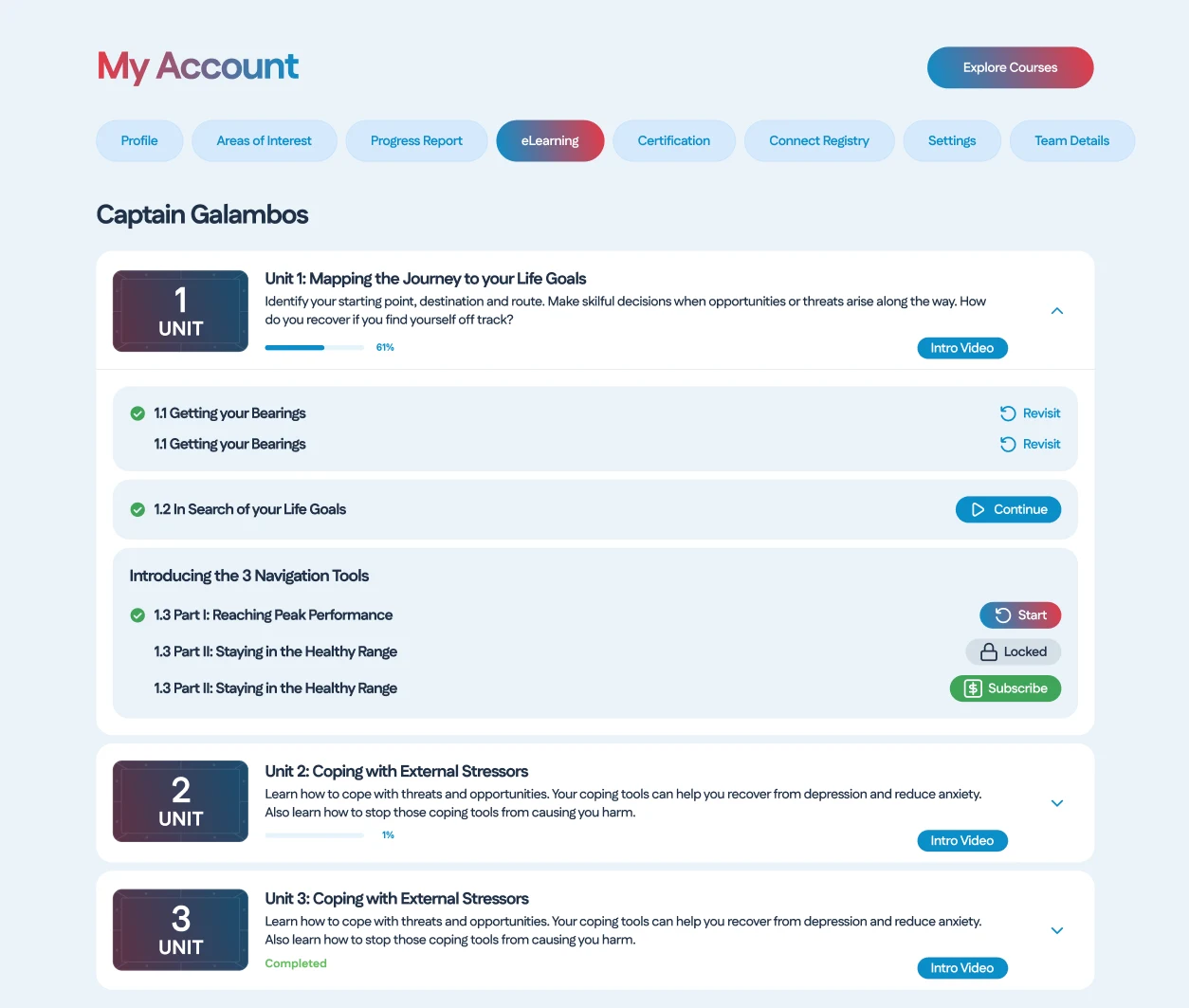 The MindSkiller® My Account dashboard showing a learner progressing through eLearning diagnosis units